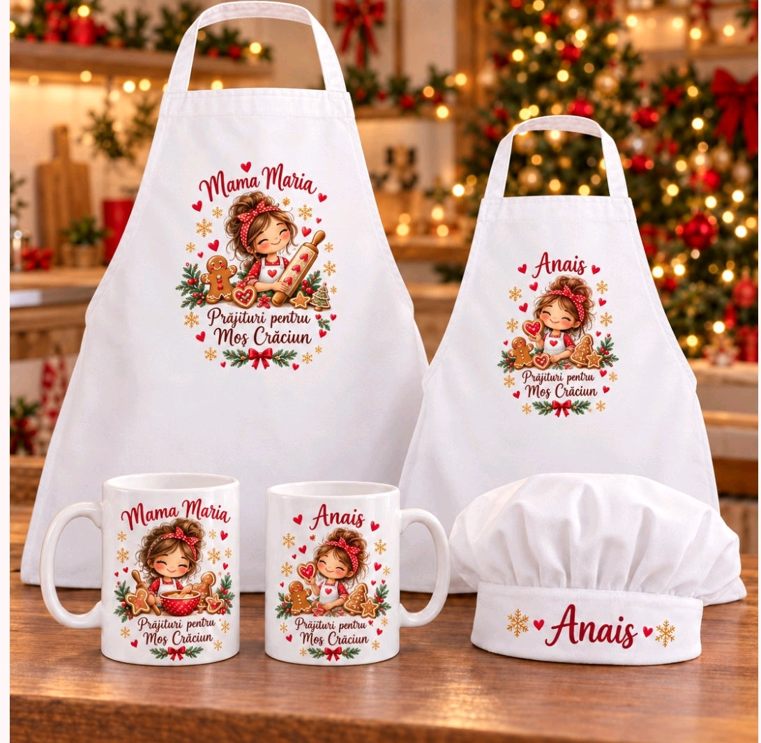 Set cadou de Crăciun personalizat mamă și fiică – Șorțuri, căni și bonetă „Prăjituri pentru Moș Crăciun”