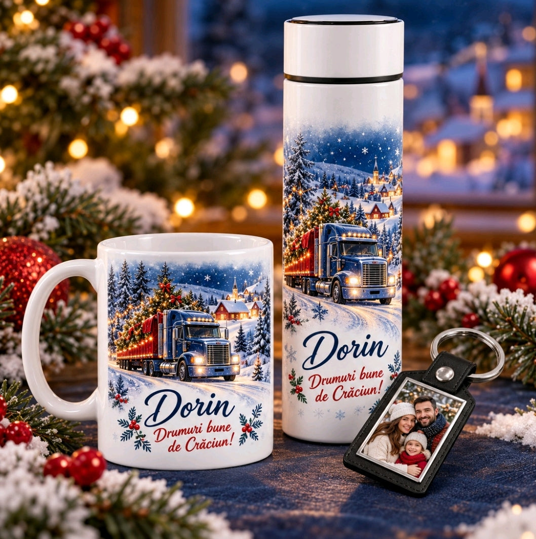 Set cadou de Crăciun personalizat pentru șoferi de camion – „Drumuri bune de Crăciun!”