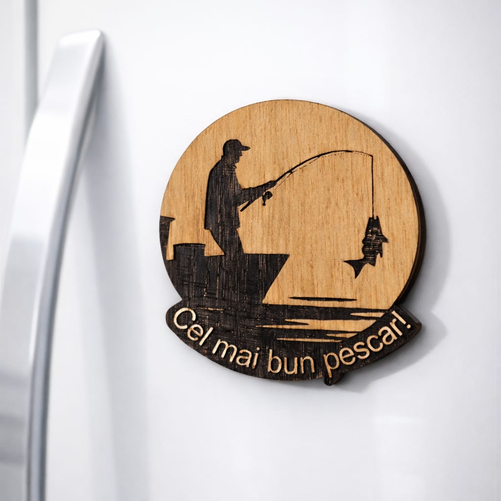 Magnet Frigider din Lemn „Cel mai bun pescar” – Cadou Original pentru Pasionați de Pescuit