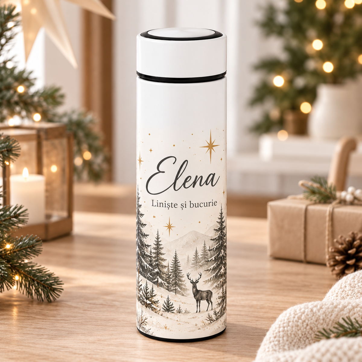 Termos Personalizat 500 ml cu Infuzor de Ceai, Nume și Mesaj – Liniște și Bucurie