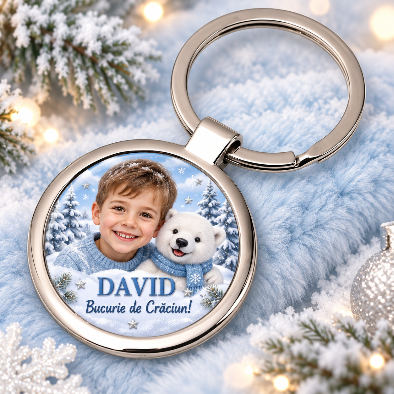 Breloc rotund personalizat cu poză pentru copii – cadou de Crăciun cu urs polar