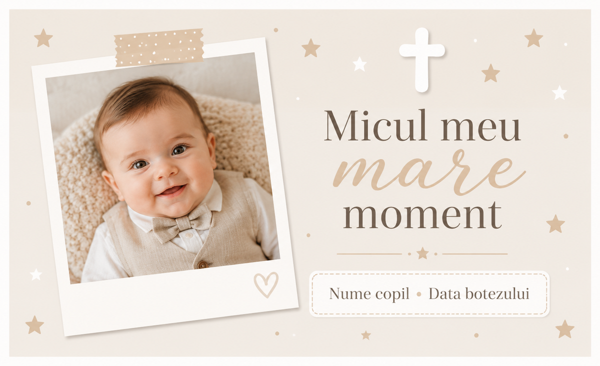 Mărturie de botez băiețel – Magnet de frigider personalizat 9 × 5,5 cm cu fotografie și design minimalist bej