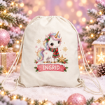 Sac sport personalizat pentru fetițe – Unicorn de Crăciun cu nume | Canvas 43 × 34 cm