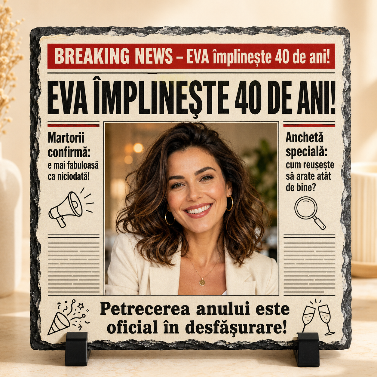Placă din ardezie personalizată tip ziar – „Breaking News” – cadou aniversar cu fotografie, nume și vârstă
