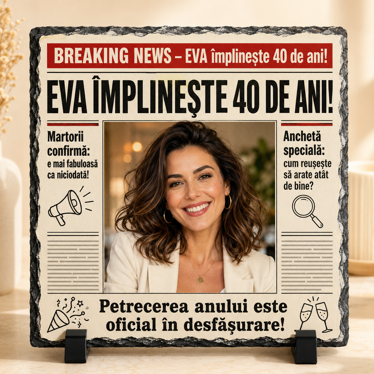 Placă din ardezie personalizată tip ziar – „Breaking News” – cadou aniversar cu fotografie, nume și vârstă