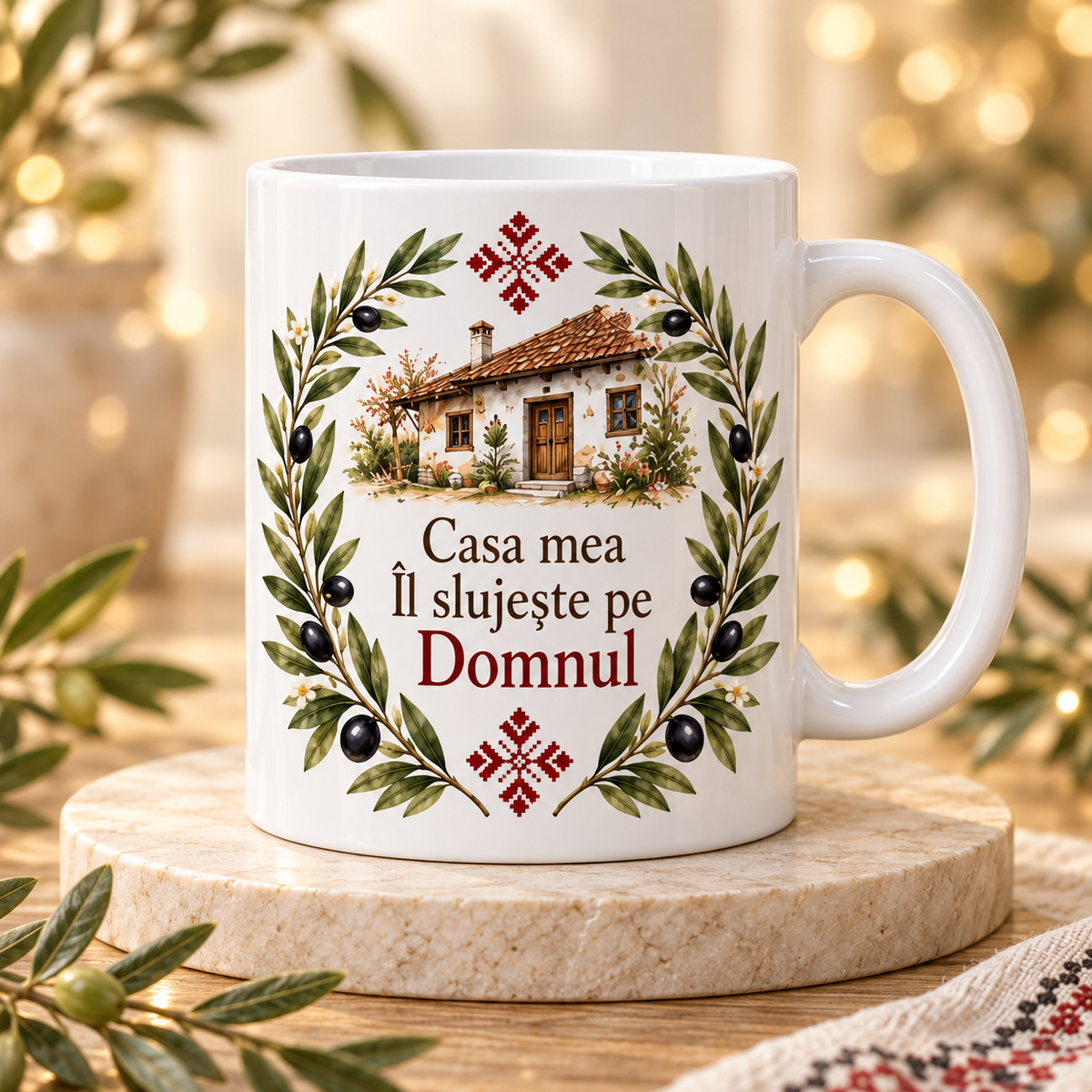 Cană religioasă 330 ml „Casa mea Îl slujește pe Domnul” – cadou creștin cu motive tradiționale