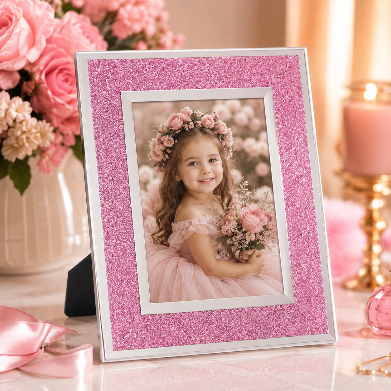 Ramă Foto Elegantă din Sticlă cu Sclipici Roz – 10×15 cm