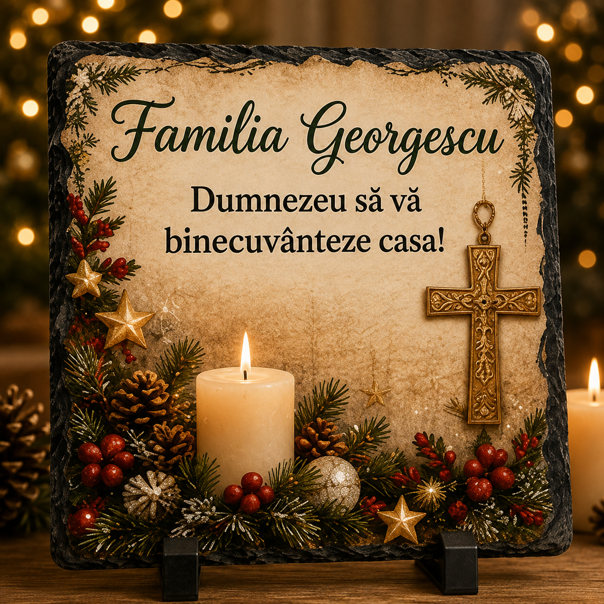 Piatră Ardezie Personalizată de Crăciun pentru Familie 20x20 cm – Cadou Religios „Dumnezeu să vă binecuvânteze casa!”