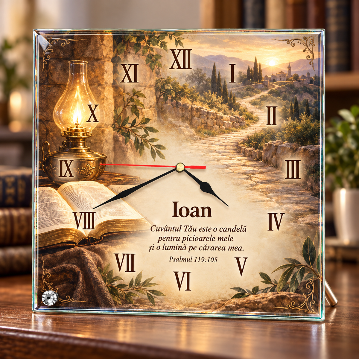 Ceas de Birou Personalizat din Sticlă 20x20 cm – Biblie, Candelă, Nume și Verset | Psalmul 119:105
