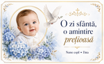 Mărturie de botez băiețel – Magnet de frigider personalizat 9 × 5,5 cm cu hortensii albastre, porumbel și cruce aurie