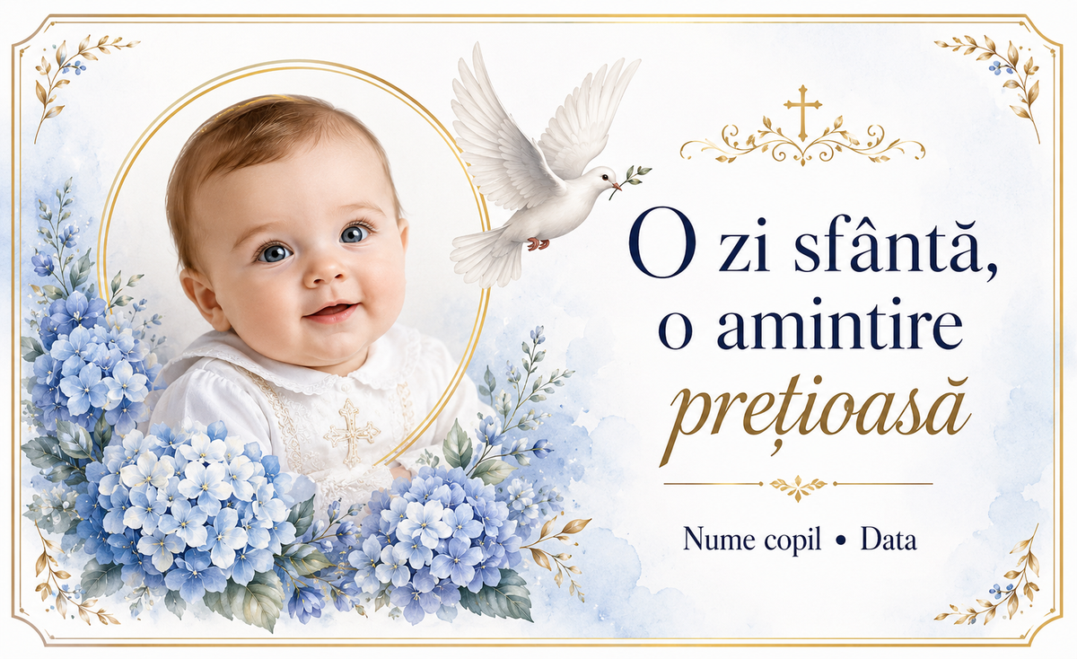 Mărturie de botez băiețel – Magnet de frigider personalizat 9 × 5,5 cm cu hortensii albastre, porumbel și cruce aurie