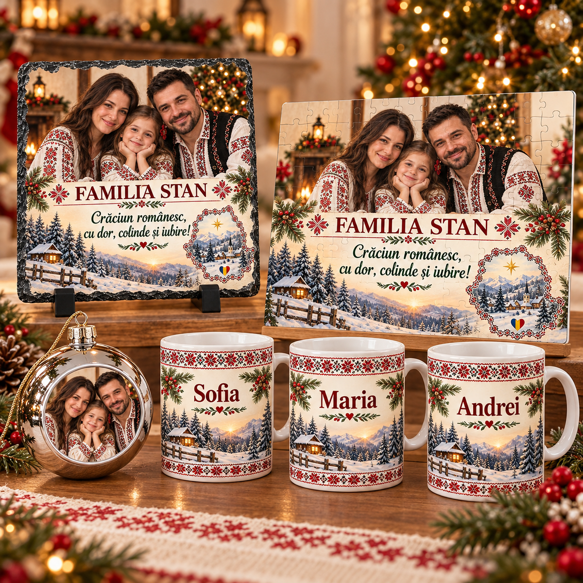 Set cadou personalizat de Crăciun pentru familie – 3 căni, puzzle A4, ardezie foto și glob personalizat