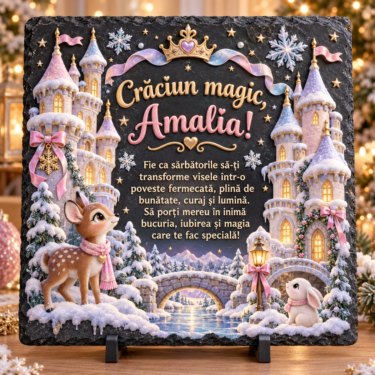Placă de ardezie personalizată pentru fetițe 20 × 20 cm – „Crăciun magic” cu palat de prințesă