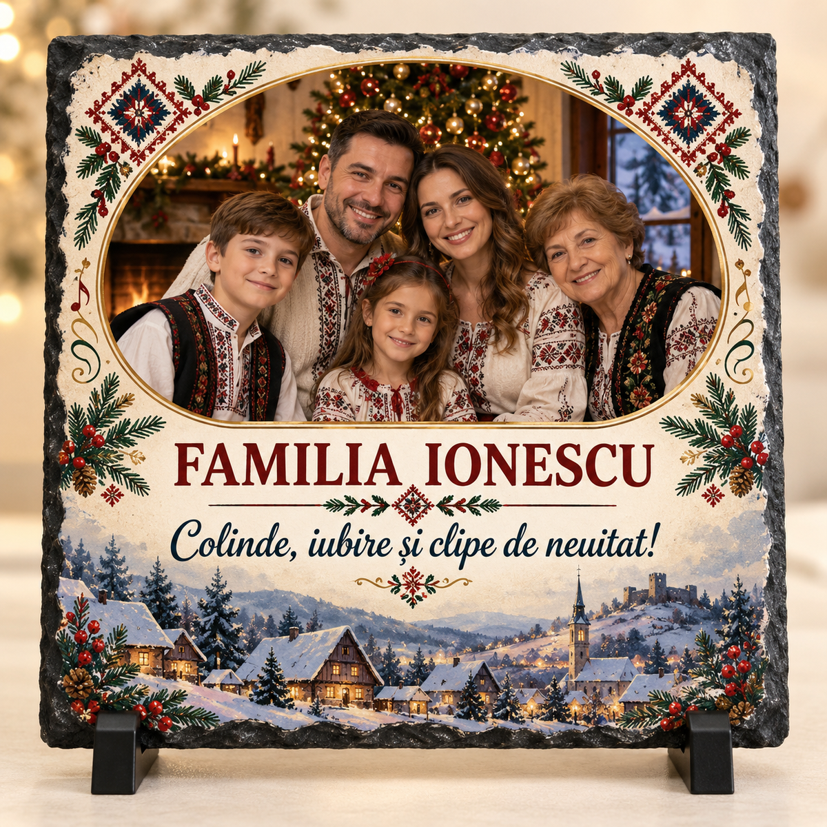 Placă Ardezie Personalizată 20×20 cm cu Poză de Familie – Cadou de Crăciun Tradițional Românesc