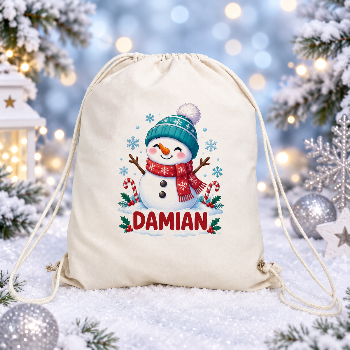 Sac sport personalizat pentru copii – Om de Zăpadă de Crăciun cu nume | Canvas 43 × 34 cm