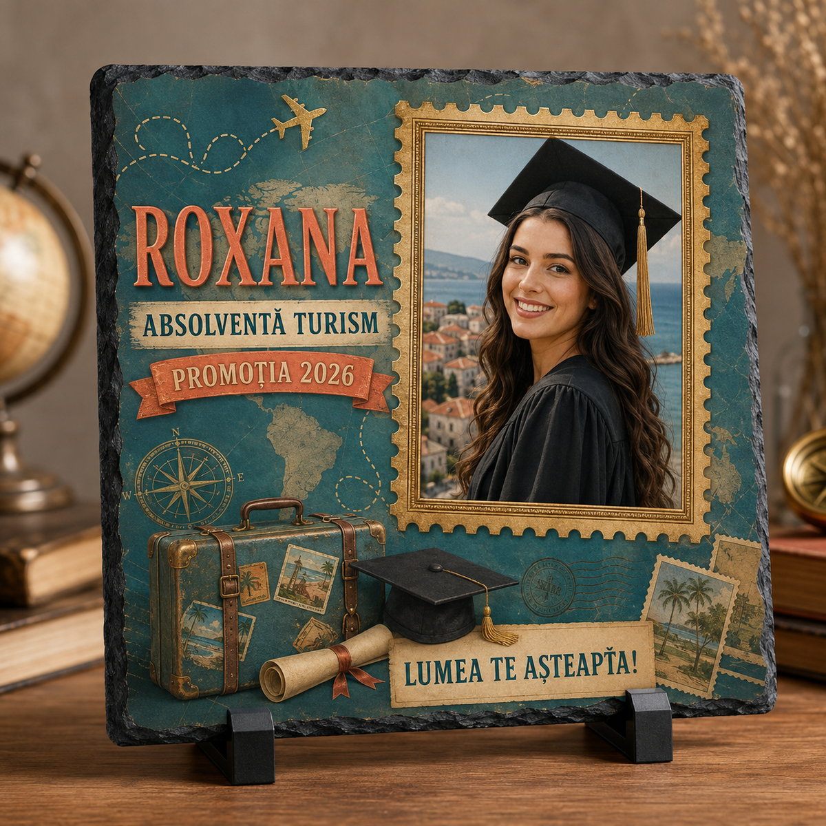 Placă de Ardezie Personalizată Absolvire Turism 20×20 cm cu Poză și Nume – Cadou Absolventă Turism