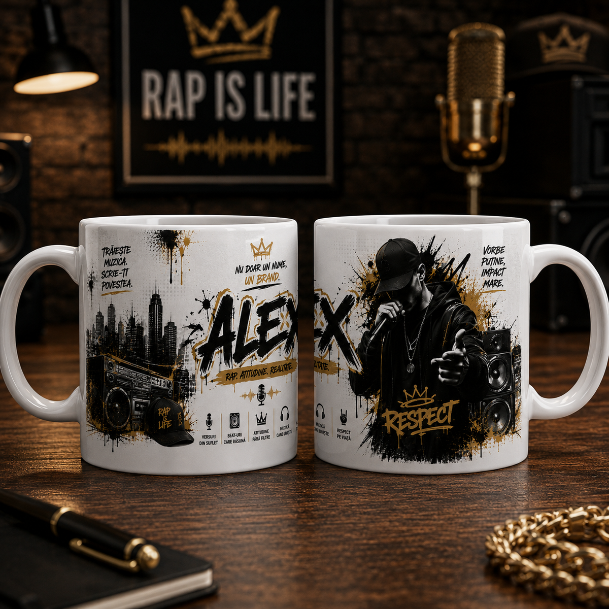 Cană personalizată rapper cu numele Alex, 330 ml, design hip-hop cu artist, microfon, boxe, casetofon și accente aurii
