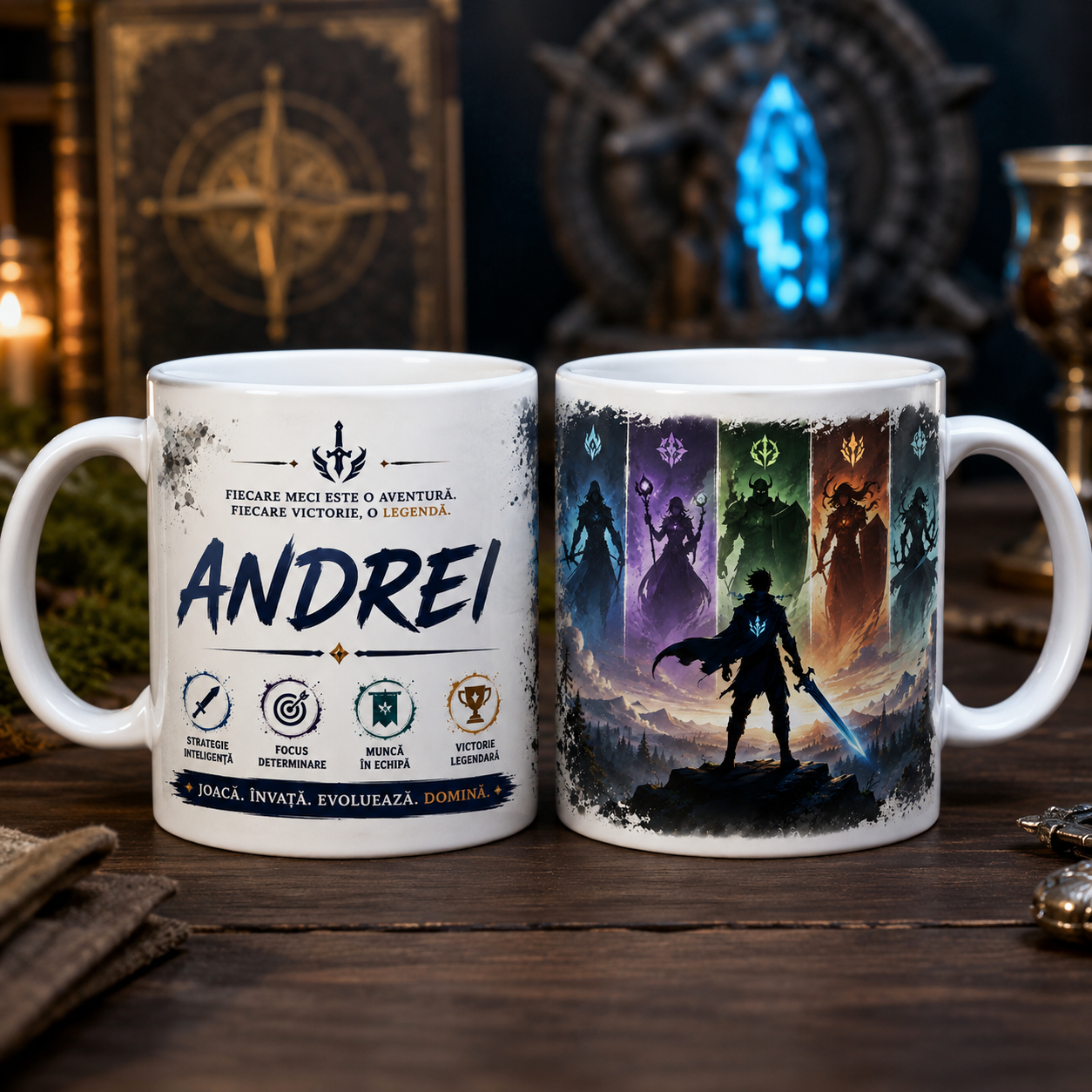 Cană personalizată gamer fantasy cu numele Andrei, 330 ml, design cu erou, sabie luminoasă și personaje fantastice