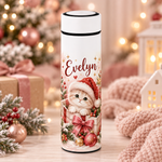 Termos Personalizat 500 ml cu Infuzor de Ceai și Nume – Pisicuță de Crăciun