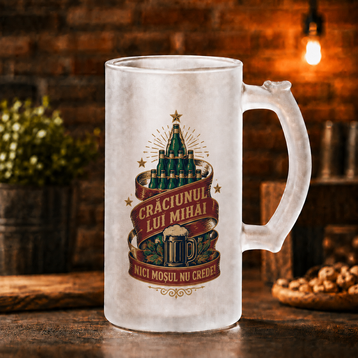 Halbă de bere personalizată 500 ml „Crăciunul lui [Nume] – Nici Moșul nu crede!” – cadou amuzant de Crăciun