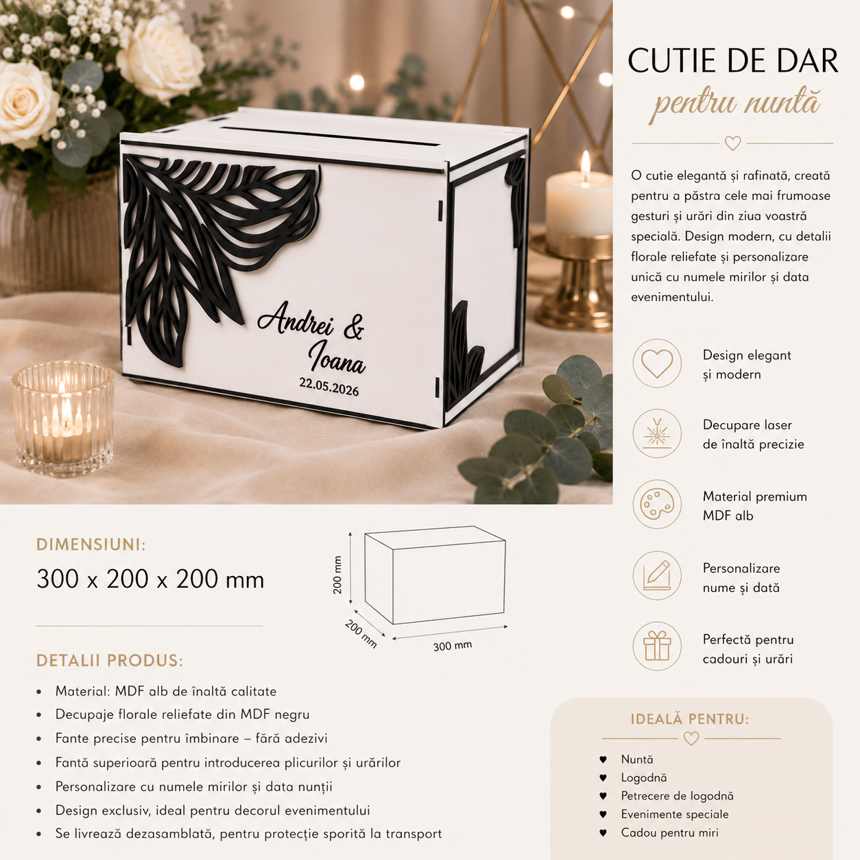 Cutie de Dar Personalizată pentru Nuntă din MDF Alb – 300 × 200 × 200 mm