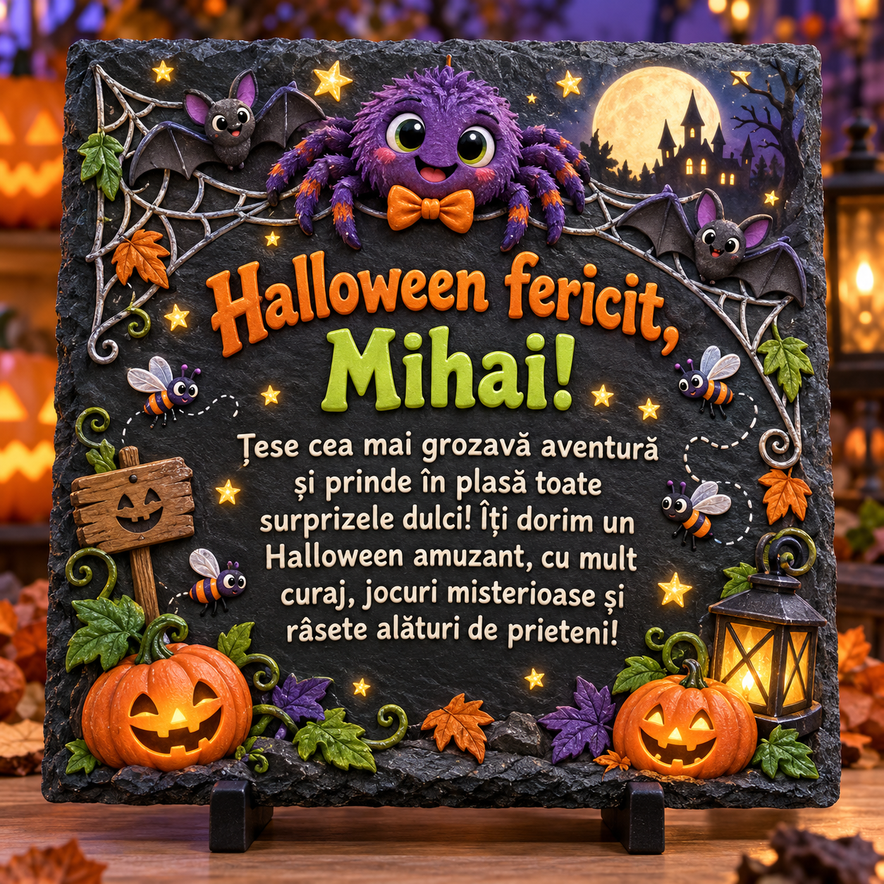 Placă ardezie personalizată Halloween pentru copii 20×20 cm – păianjen simpatic, lilieci, dovleci și nume personalizat