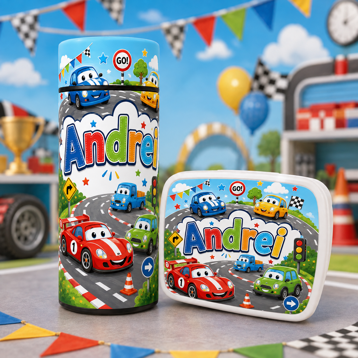 Set personalizat pentru băieți cu mașinuțe – termos 500 ml și cutie pentru prânz