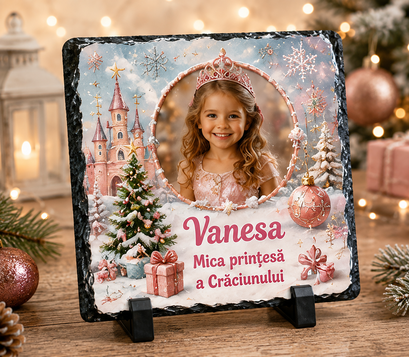 Piatră Ardezie Personalizată de Crăciun pentru Fetiță 20x20 cm cu Poză și Nume – „Mica Prințesă a Crăciunului”