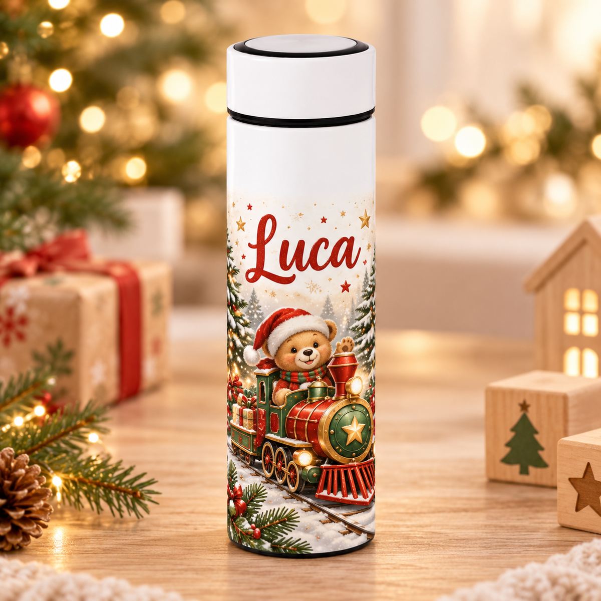 Termos Personalizat 500 ml cu Infuzor de Ceai și Nume – Tren de Crăciun