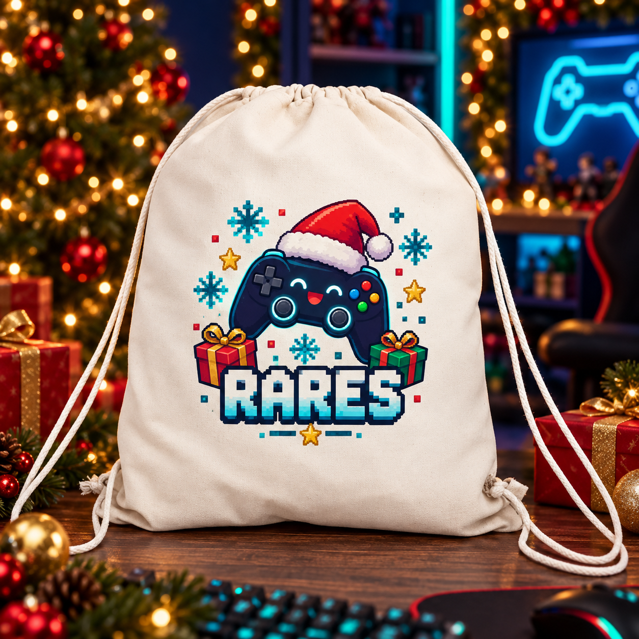 Sac sport personalizat pentru copii – Gaming de Crăciun cu nume | Canvas 43 × 34 cm