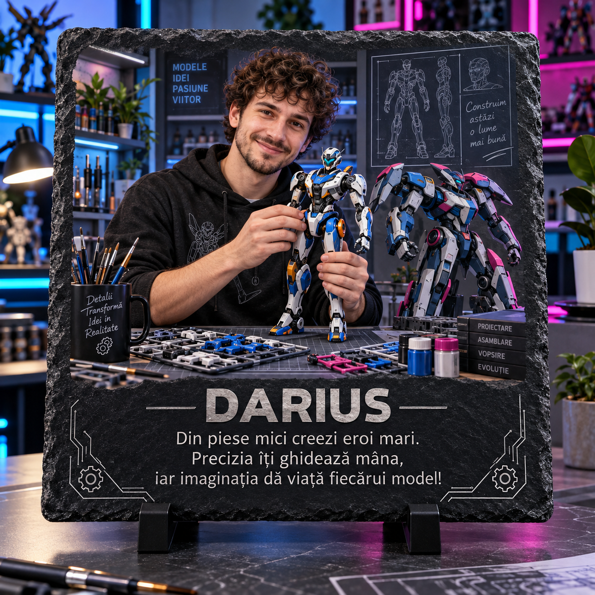 Placă ardezie personalizată 20×20 cm – Cadou pentru pasionații de roboți, mecha și modelism SF
