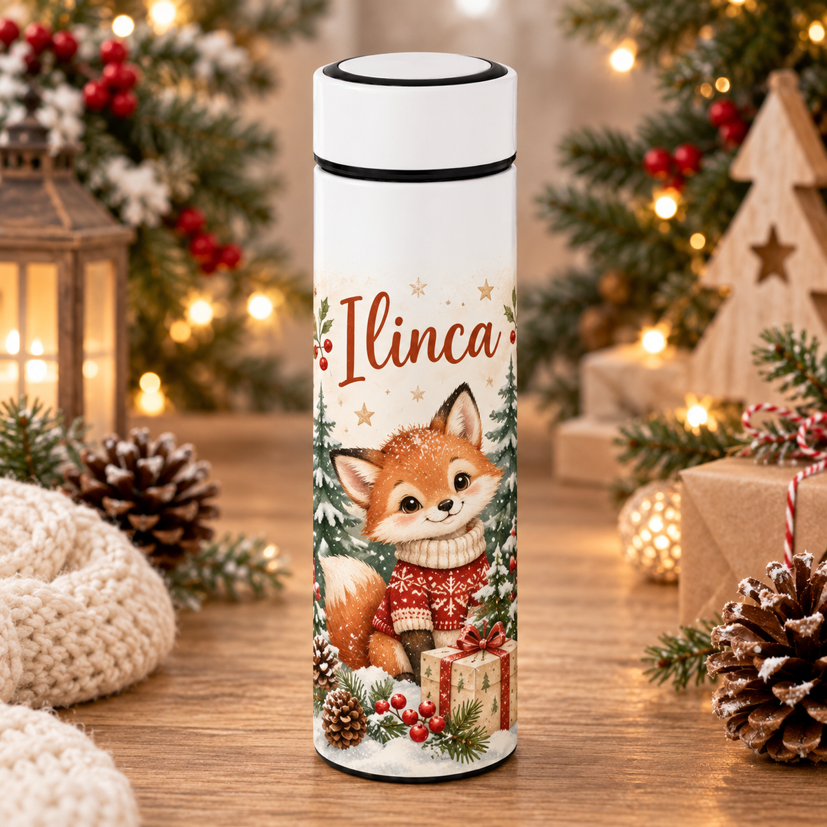 Termos Personalizat 500 ml cu Infuzor de Ceai și Nume – Vulpiță de Crăciun