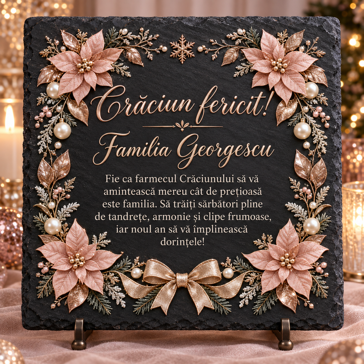 Placă ardezie personalizată de Crăciun 20×20 cm – cadou elegant pentru familie, cu nume și mesaj festiv
