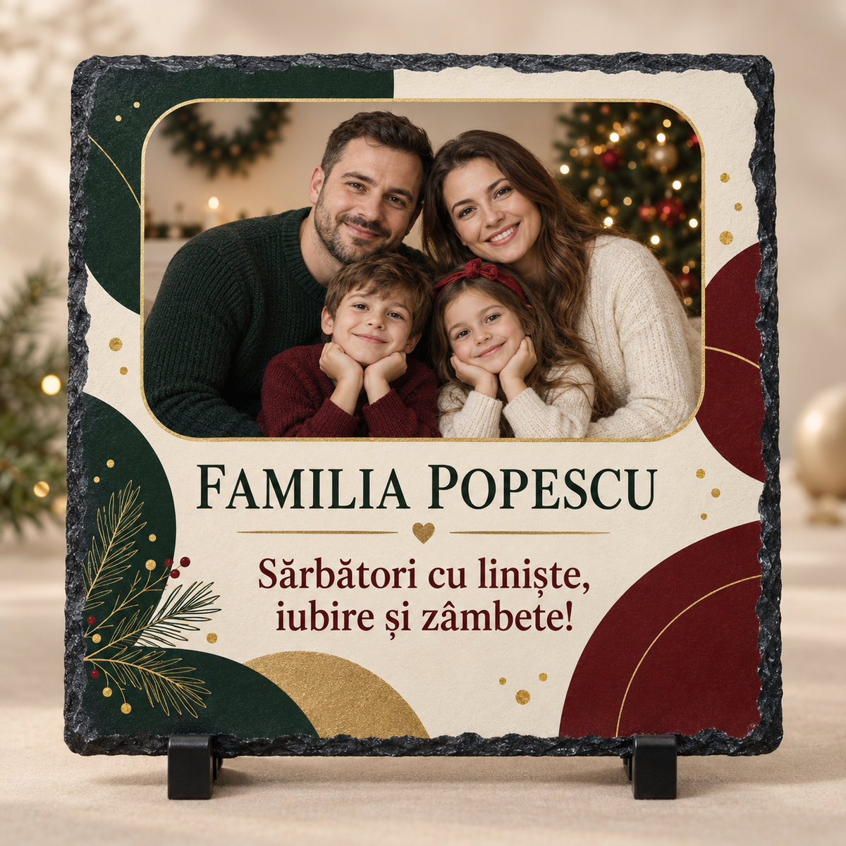 Placă Ardezie Personalizată 20×20 cm cu Poză de Familie – Cadou de Crăciun pentru Familie