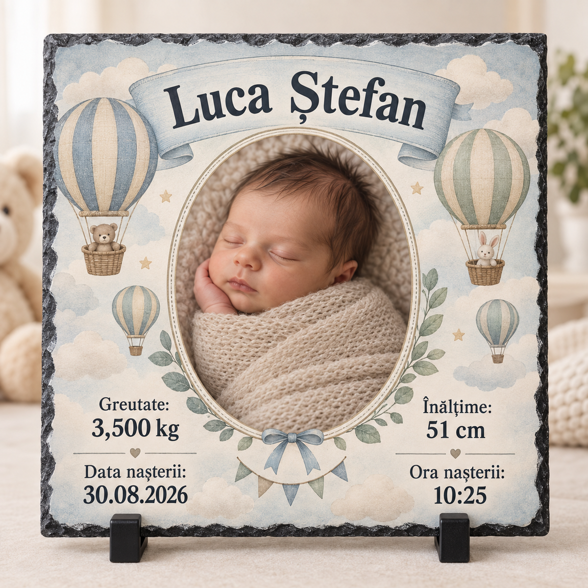 Placă ardezie personalizată băiețel 20x20 cm – Model baloane cu aer cald, poză, nume și datele nașterii