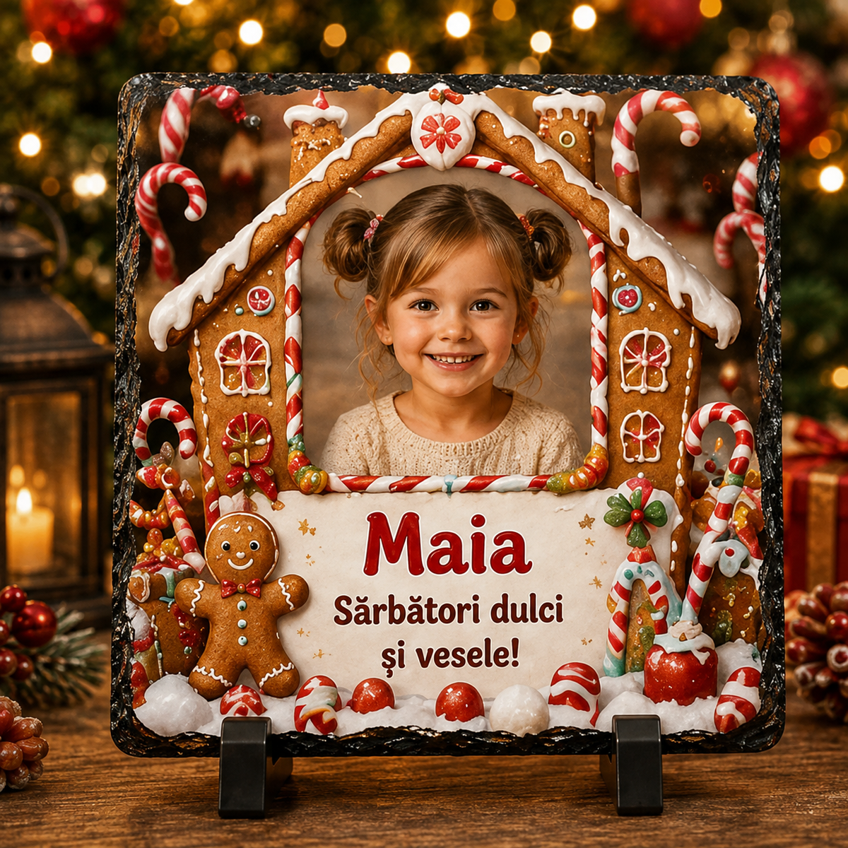 Piatră Ardezie Personalizată de Crăciun pentru Fetiță 20x20 cm cu Poză și Nume – „Sărbători Dulci și Vesele”
