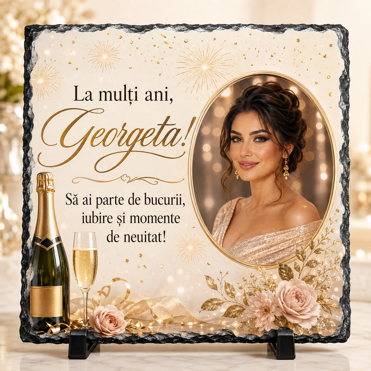 Placă din ardezie personalizată cu fotografie și nume – cadou aniversar elegant pentru femei „La mulți ani!”