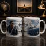 Cană personalizată pentru pilot de planor cu numele Andrei, fotografie, planor în zbor și peisaj montan