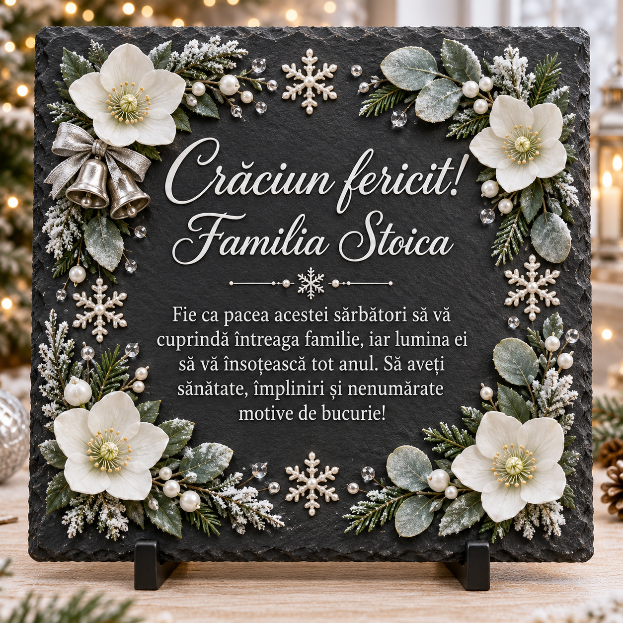 Placă ardezie personalizată de Crăciun 20×20 cm – cadou elegant pentru familie, cu nume și mesaj de sărbători
