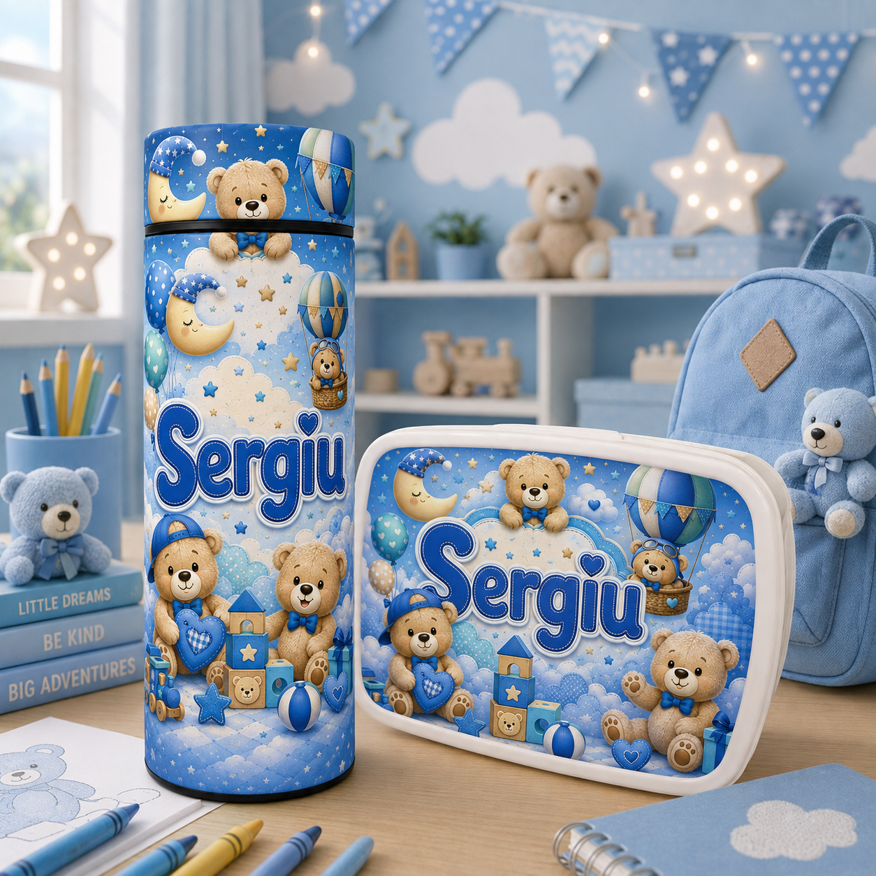 Set personalizat pentru băieți cu ursuleți – termos 500 ml și cutie pentru prânz