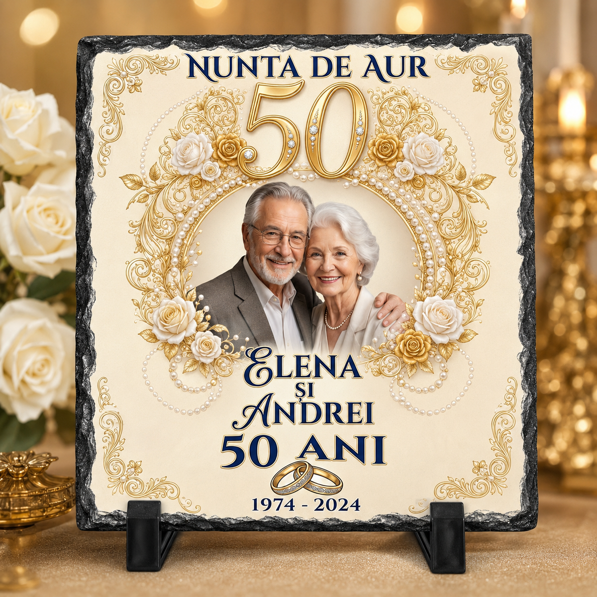 Placă Ardezie Personalizată 20×20 cm – Nunta de Aur, 50 Ani de Căsătorie