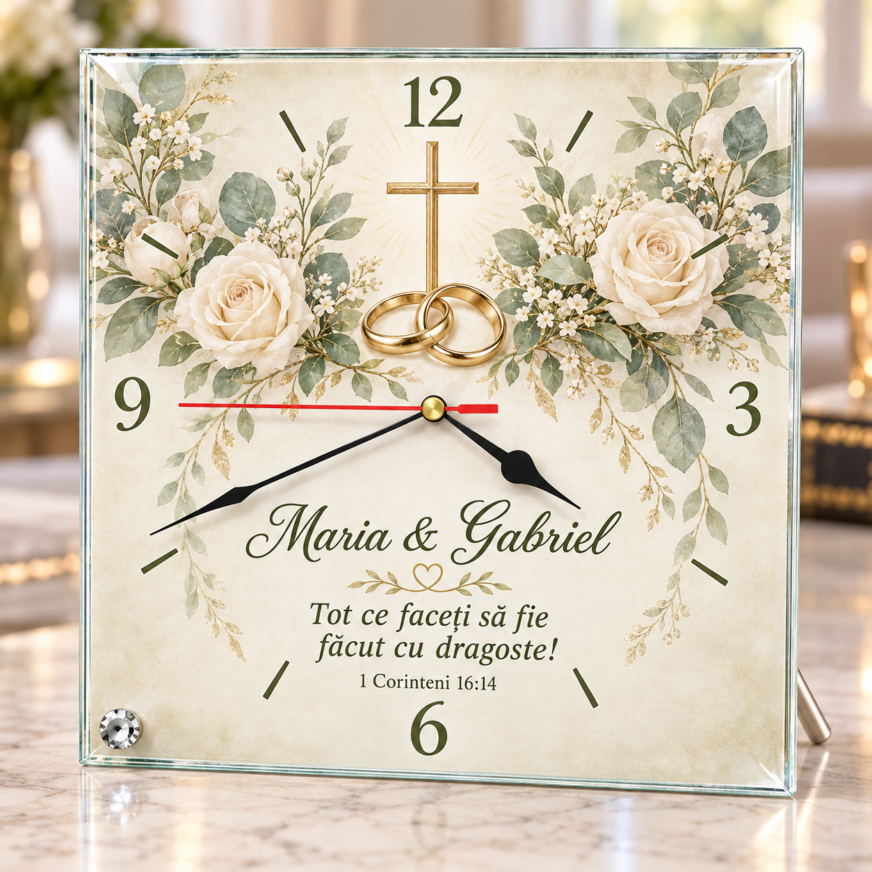 Ceas de Birou Personalizat pentru Nuntă din Sticlă 20x20 cm – Nume Cuplu, Verighete și Verset Biblic