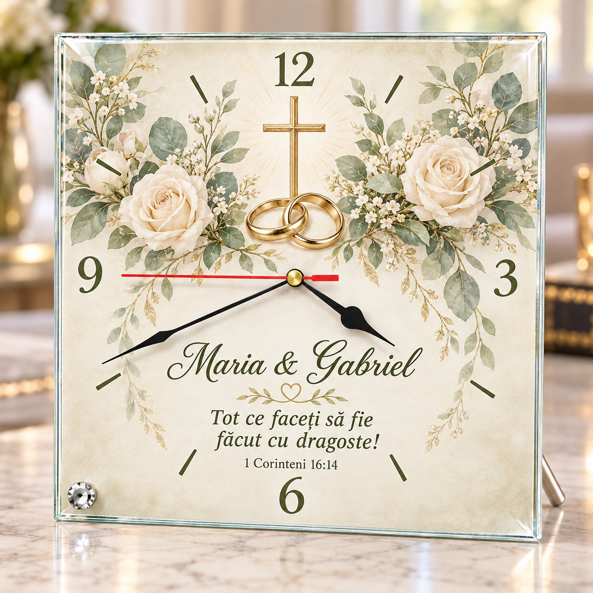 Ceas de Birou Personalizat pentru Nuntă din Sticlă 20x20 cm – Nume Cuplu, Verighete și Verset Biblic