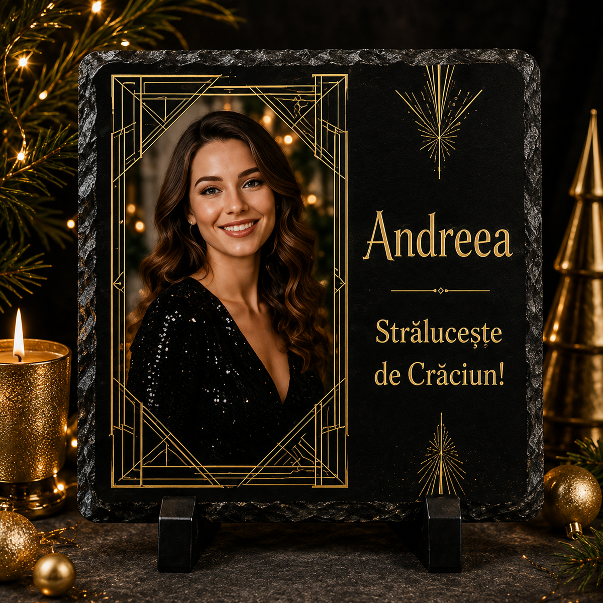 Piatră Ardezie Personalizată de Crăciun pentru Femei 20x20 cm cu Poză și Nume – Design Negru & Auriu Elegant
