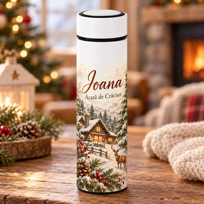 Set cadou personalizat de Crăciun „Acasă de Crăciun” cu cană, termos, glob foto și lumânare