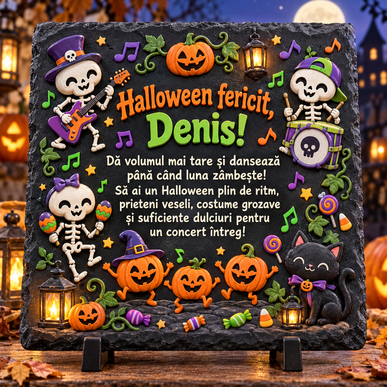 Placă ardezie personalizată Halloween pentru copii 20×20 cm – schelete muzicieni, dovleci dansatori și nume personalizat