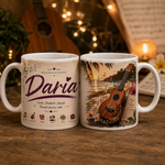 Cană personalizată cu ukulele și numele Daria, 330 ml, design tropical cu flori, note muzicale și apus