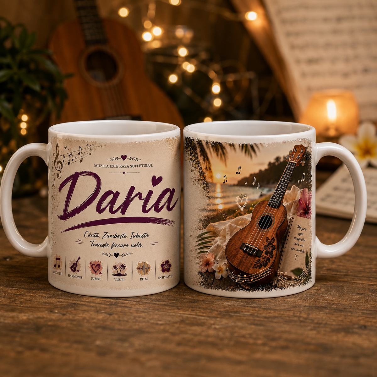 Cană personalizată cu ukulele și numele Daria, 330 ml, design tropical cu flori, note muzicale și apus