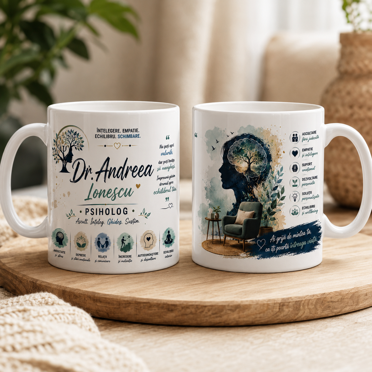 Cană personalizată pentru psiholog cu numele Dr. Andreea Ionescu, 330 ml, design cu profil uman, creier, copac și fotoliu