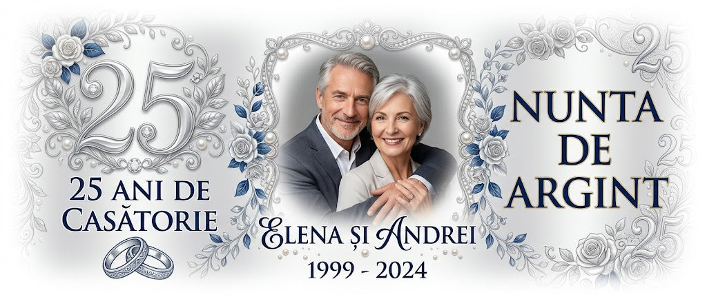 Cană personalizată Nuntă de Argint – 25 de ani de căsătorie | Cu fotografie, nume și ani personalizați